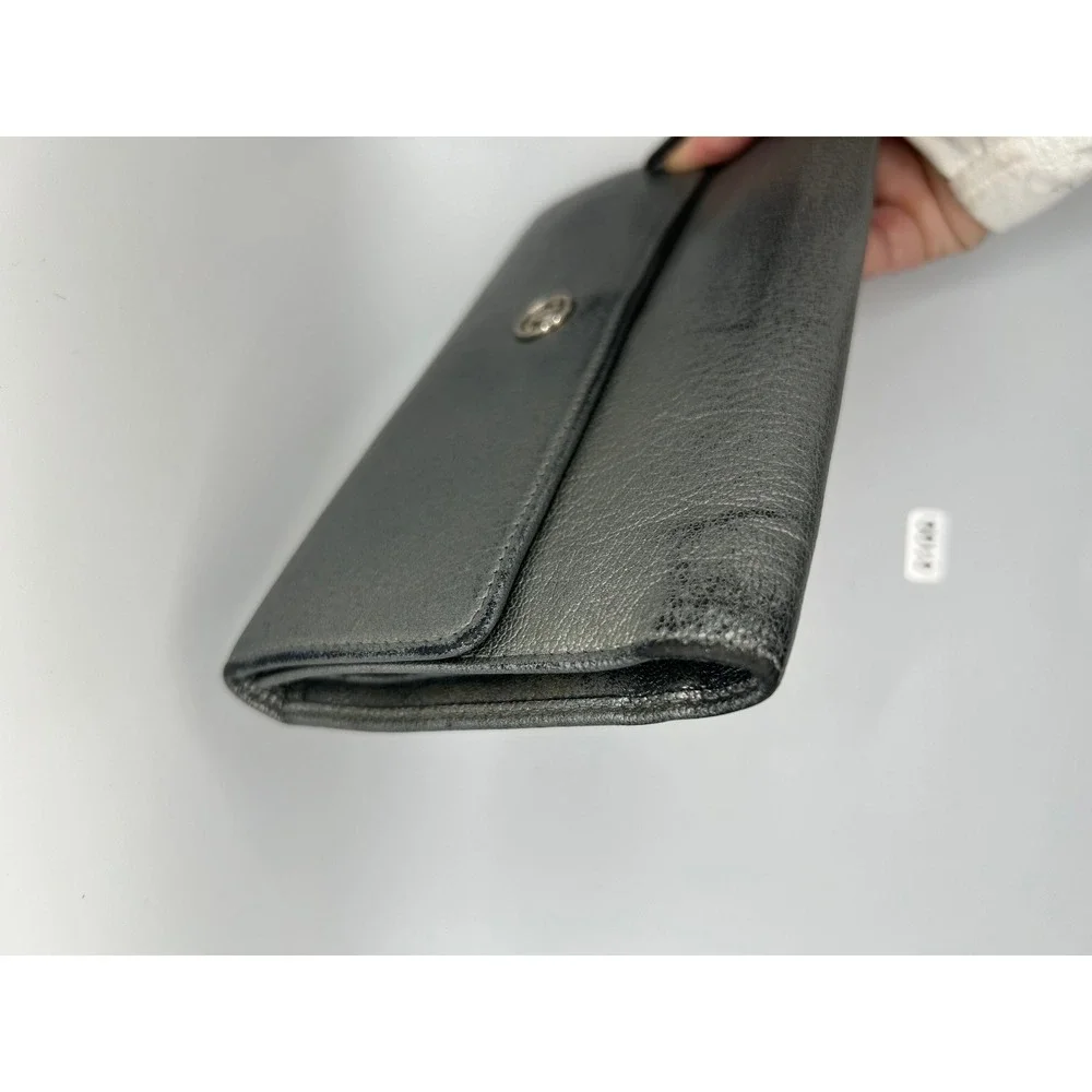 Chanel metallic grey Leather Wallet CC Logo COA card Included#100‎